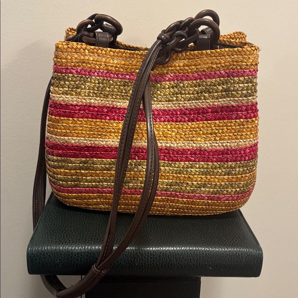 Woven Straw Crossbody Bag with Pink & Mustard Stripes